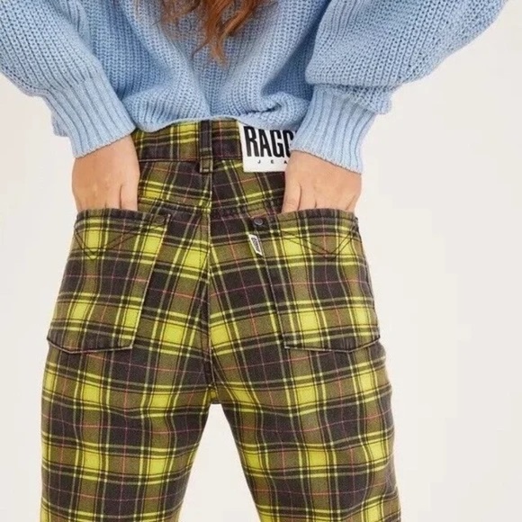 THE RAGGED PRIEST Caddie Lime Check Print Mom Jeans - Picture 2 of 9